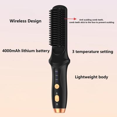 Brosse lissante à cheveux sans fil rechargeable par USB avec une puissance de 38W et un temps de charge de 1 à 3 heures pour un coiffage facile