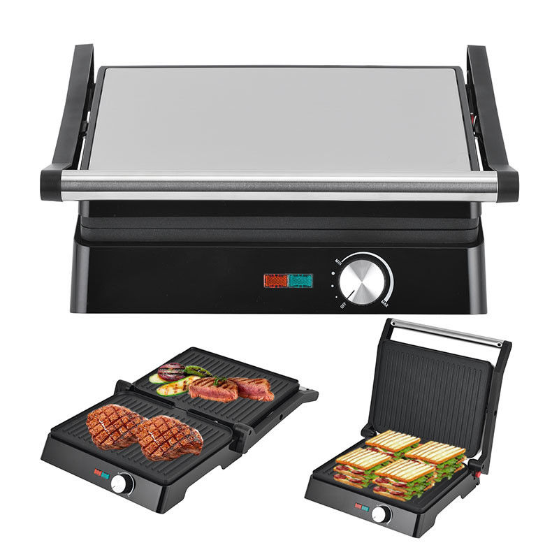Grille électrique de 2200W Panini Maker réglable à température Sandwich Press Toaster ouvre à 180 degrés Grille de contact en acier inoxydable