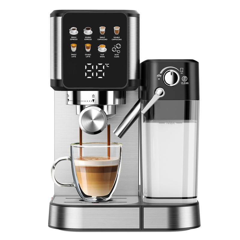 Machine à café à expresso en argent avec mousseuse manuelle pour le lait pour le latte cappuccino intégrée au broyeur